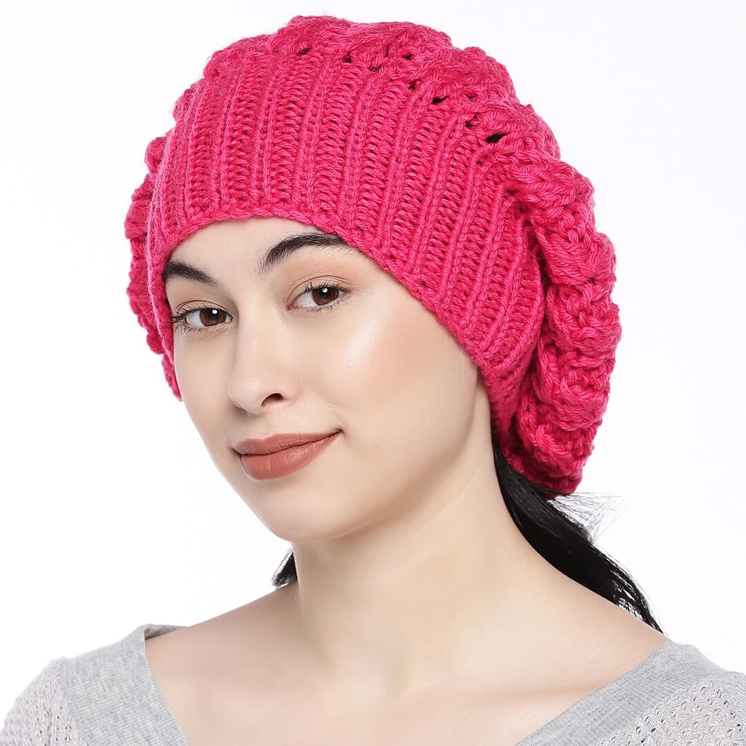 Fuchsia Pink Self-Design Beanie - 821