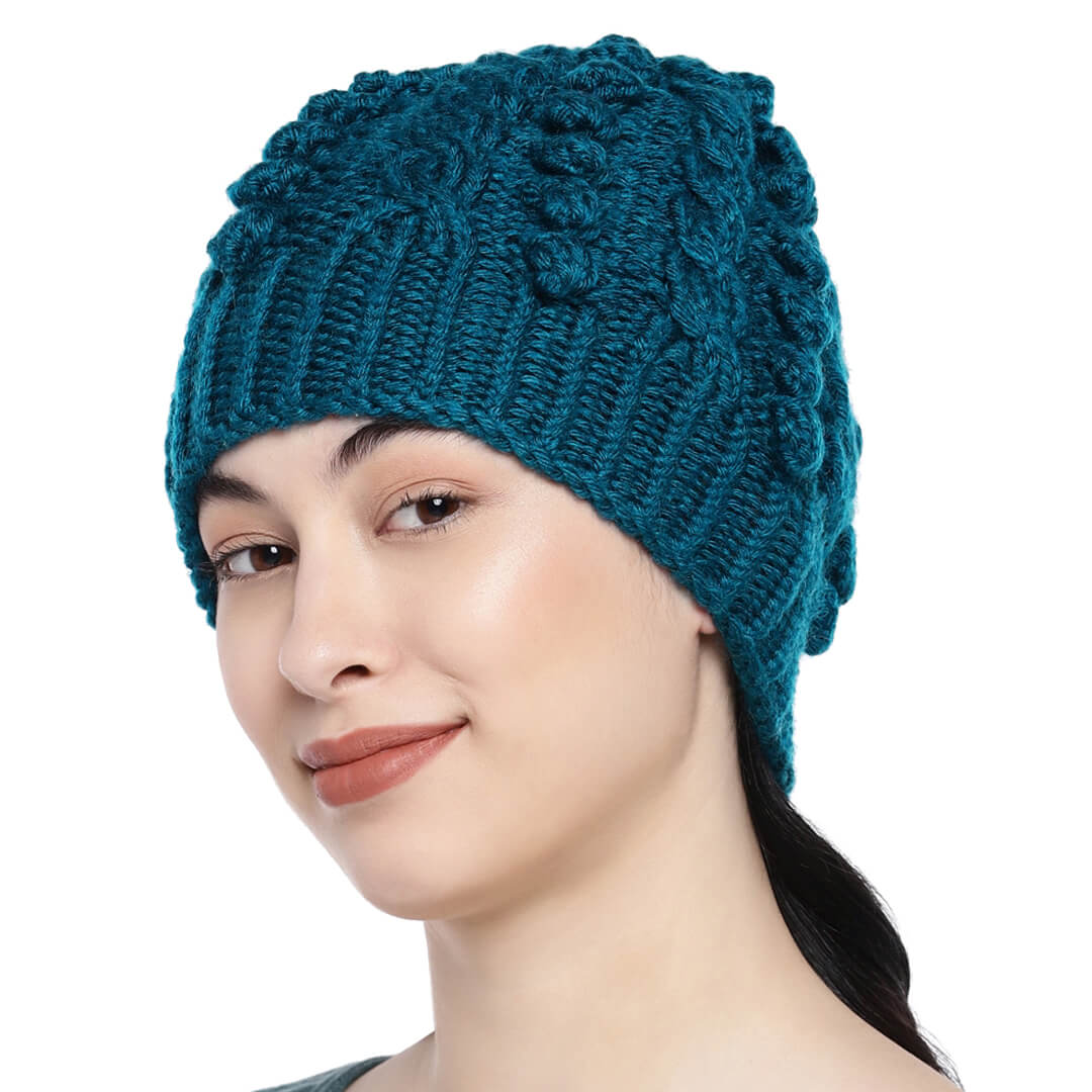 Turquoise Blue Self-Design Beanie - 825