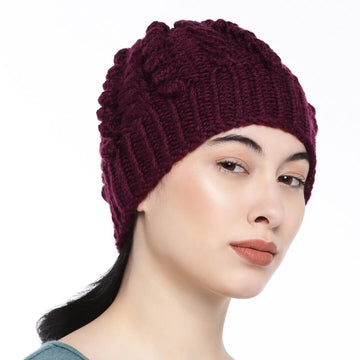 Burgundy Self-Design Beanie - 827