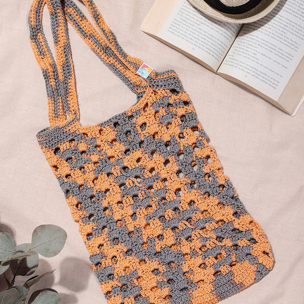 Handmade Crochet Market Bag - Peach, Grey 2643