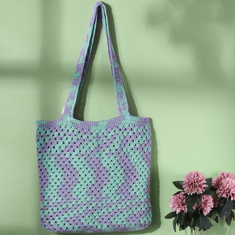 Handmade Crochet Market Bag - Green, Purple 2644