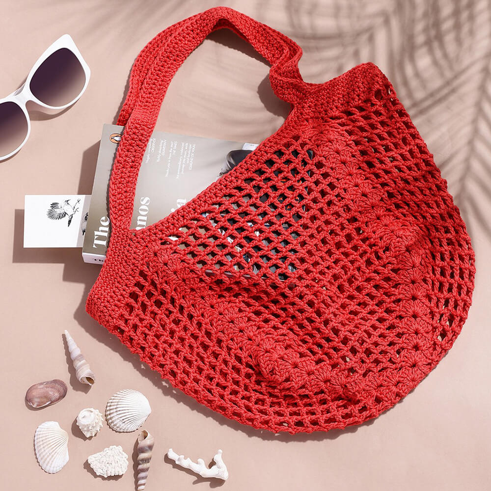 Handmade Crochet Market Bag - Coral Red 2648