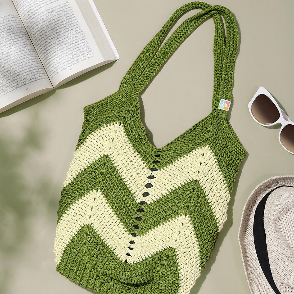 Handmade Crochet Market Bag - Olive Green, Yellow 2651