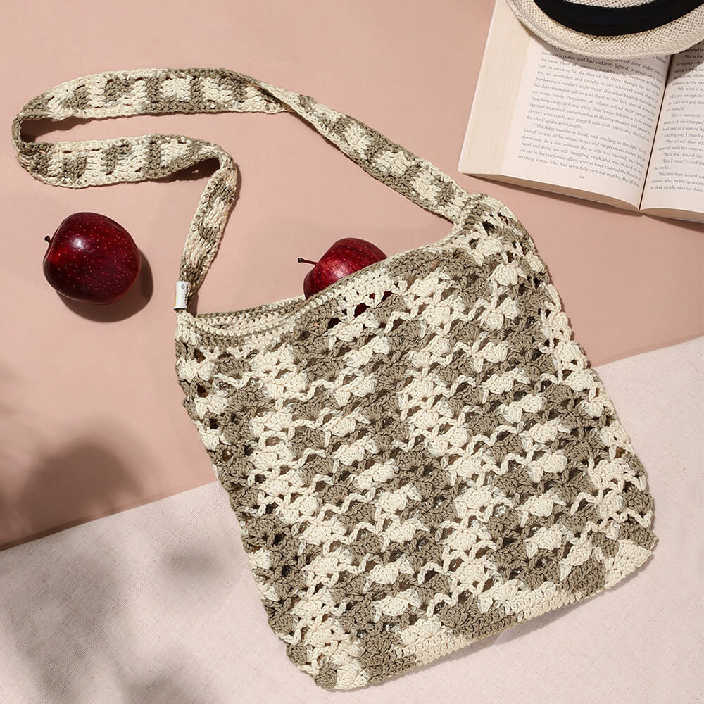 Handmade Crochet Market Bag - Cream, Grey 2662
