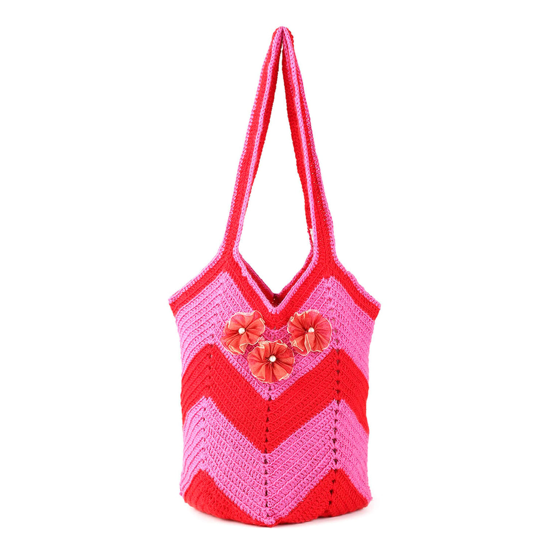 Handmade Crochet Hobo Market Bag - Red, Pink 2785