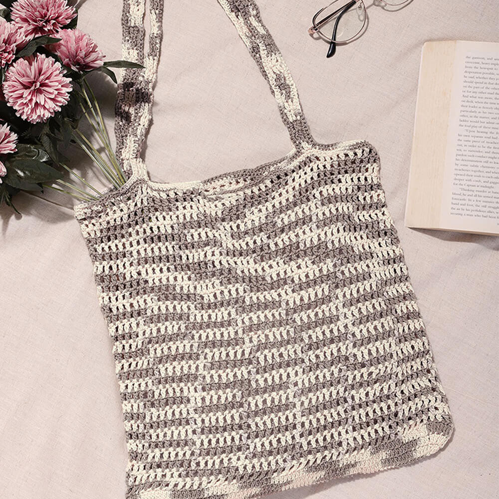 Handmade Crochet Market Bag - Cream, Grey 2800
