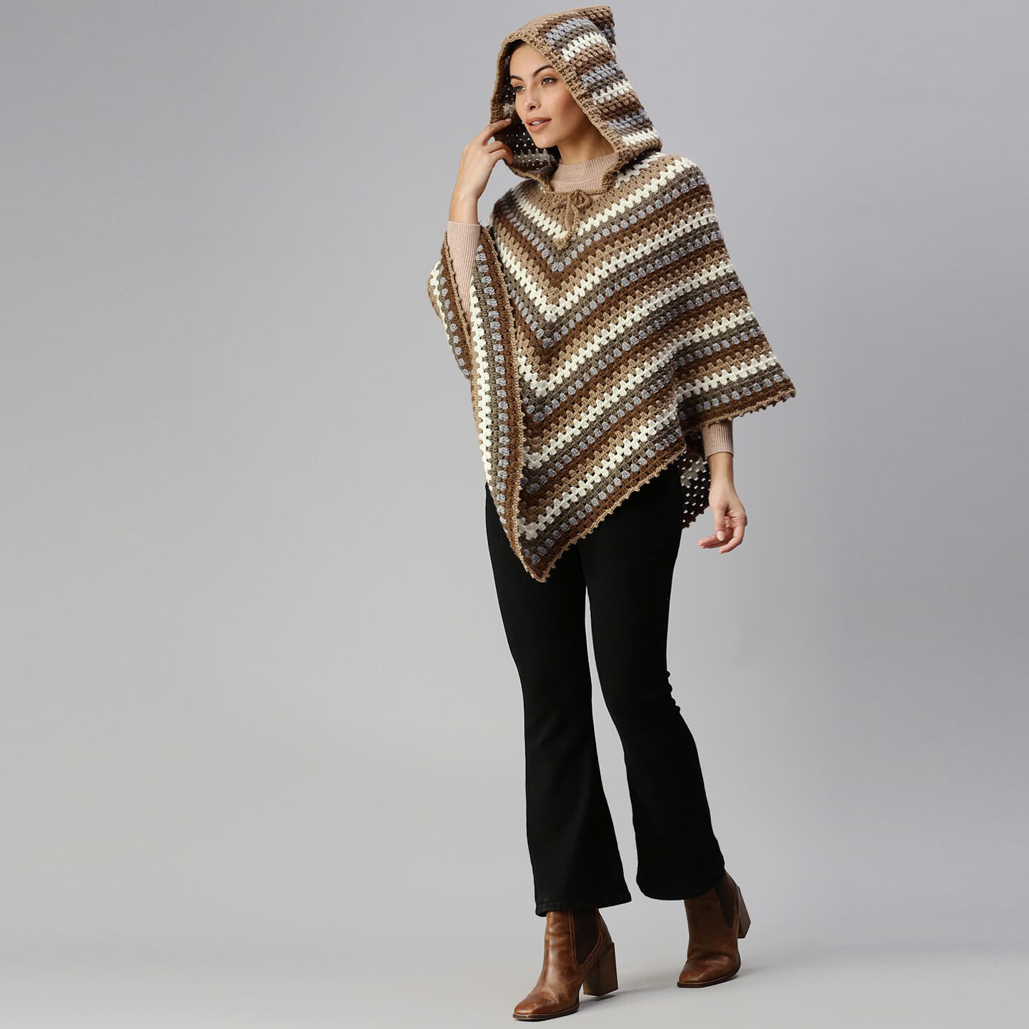 Shades of Brown Poncho with Hood 2912