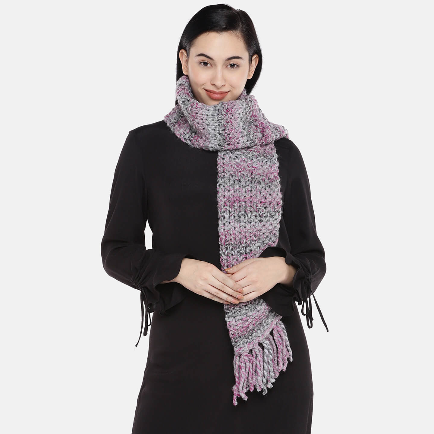 Seed Stitch Thick Shaded Scarf with Tassels - Shaded Grey 1447