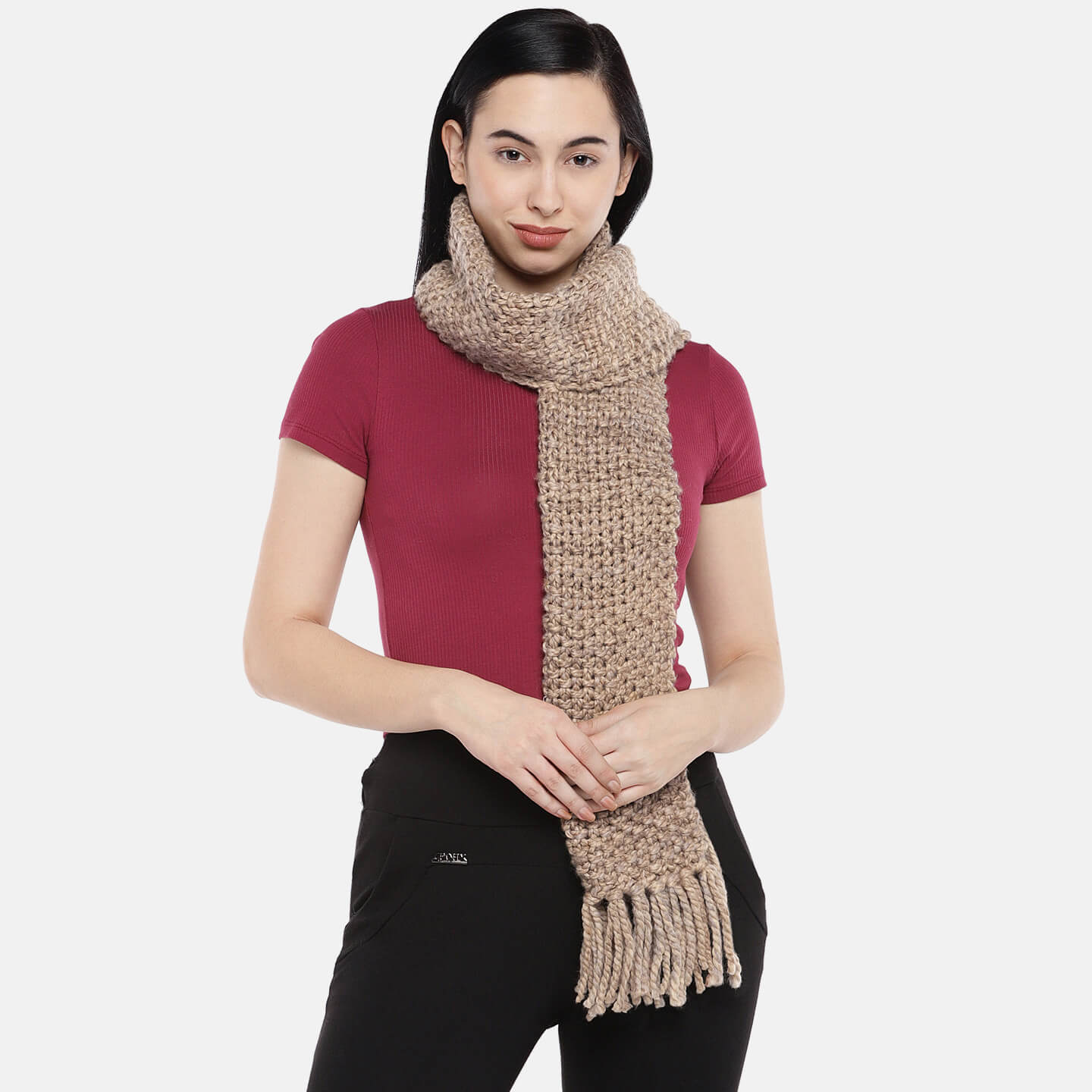 Seed Stitch Thick Shaded Scarf with Tassels - Shaded Brown 1451