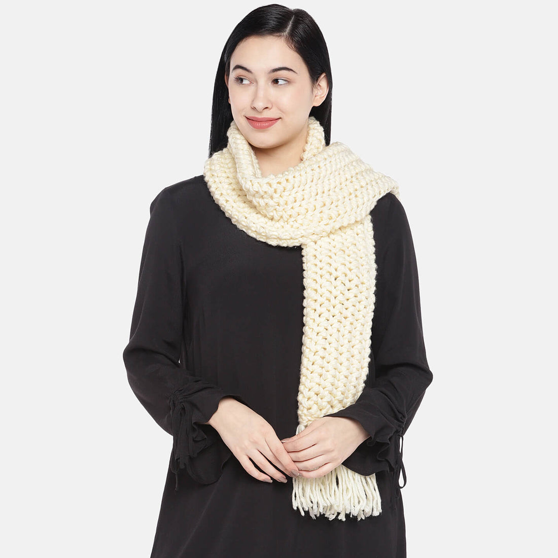 Double Knit Netted Scarf with Tassels - Cream 1461