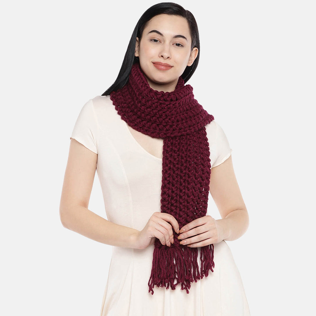 Double Knit Netted Scarf with Tassels - Maroon 1463