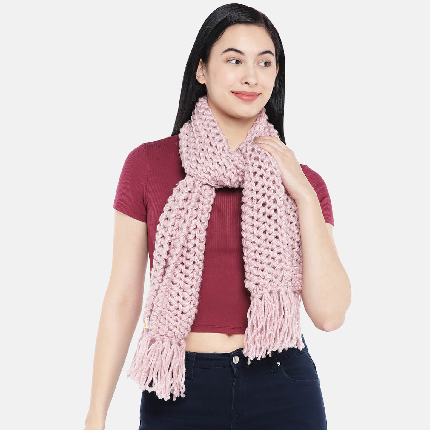 Double Knit Netted Scarf with Tassels - Rose Pink 1465