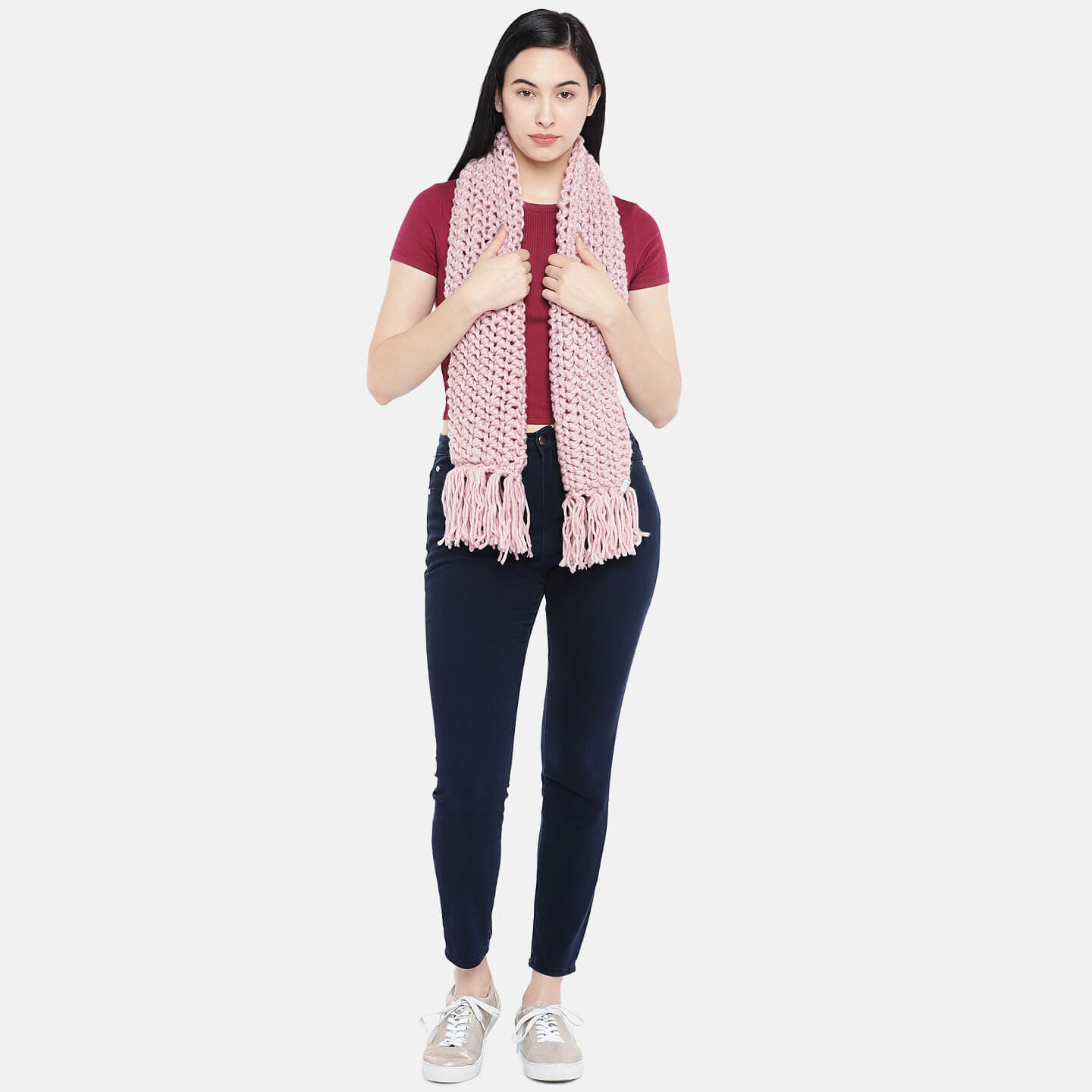 Double Knit Netted Scarf with Tassels - Rose Pink 1465