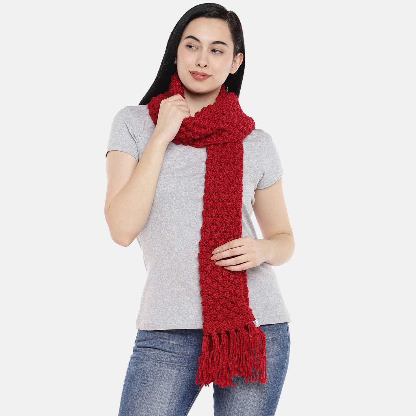 Bobble Stitch Scarf with Tassels - Red 1469