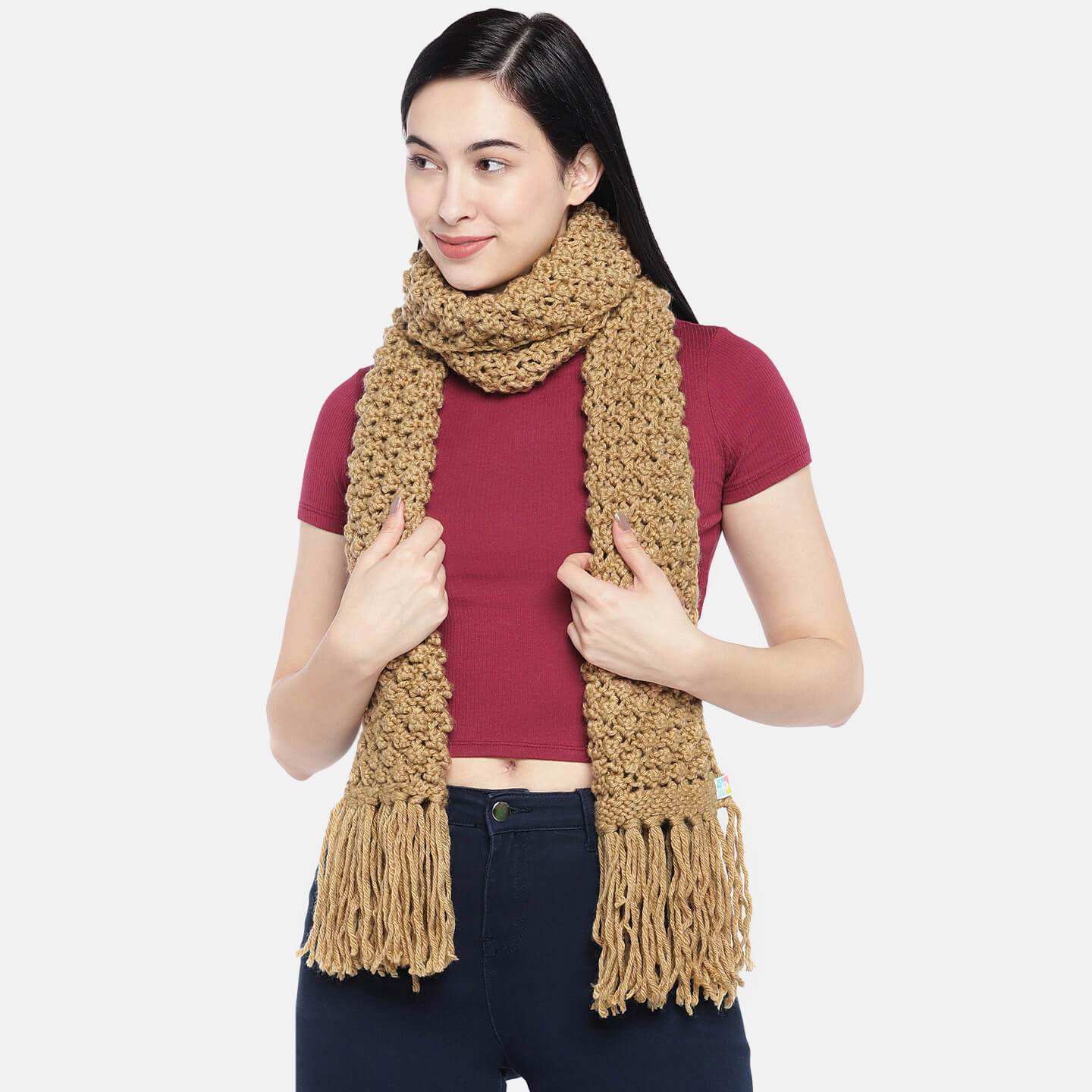 Bobble Stitch Scarf with Tassels - Khaki 1471