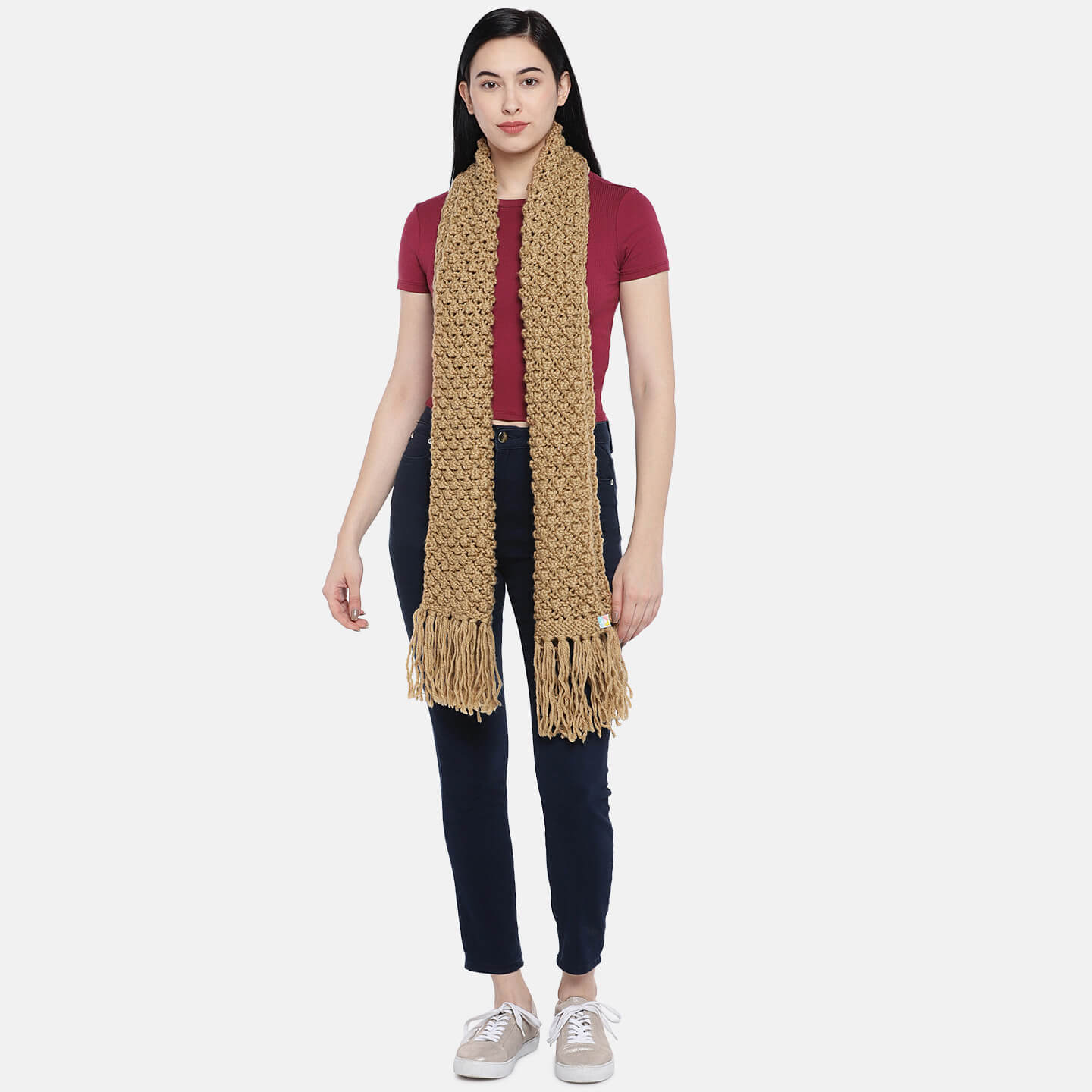 Bobble Stitch Scarf with Tassels - Khaki 1471