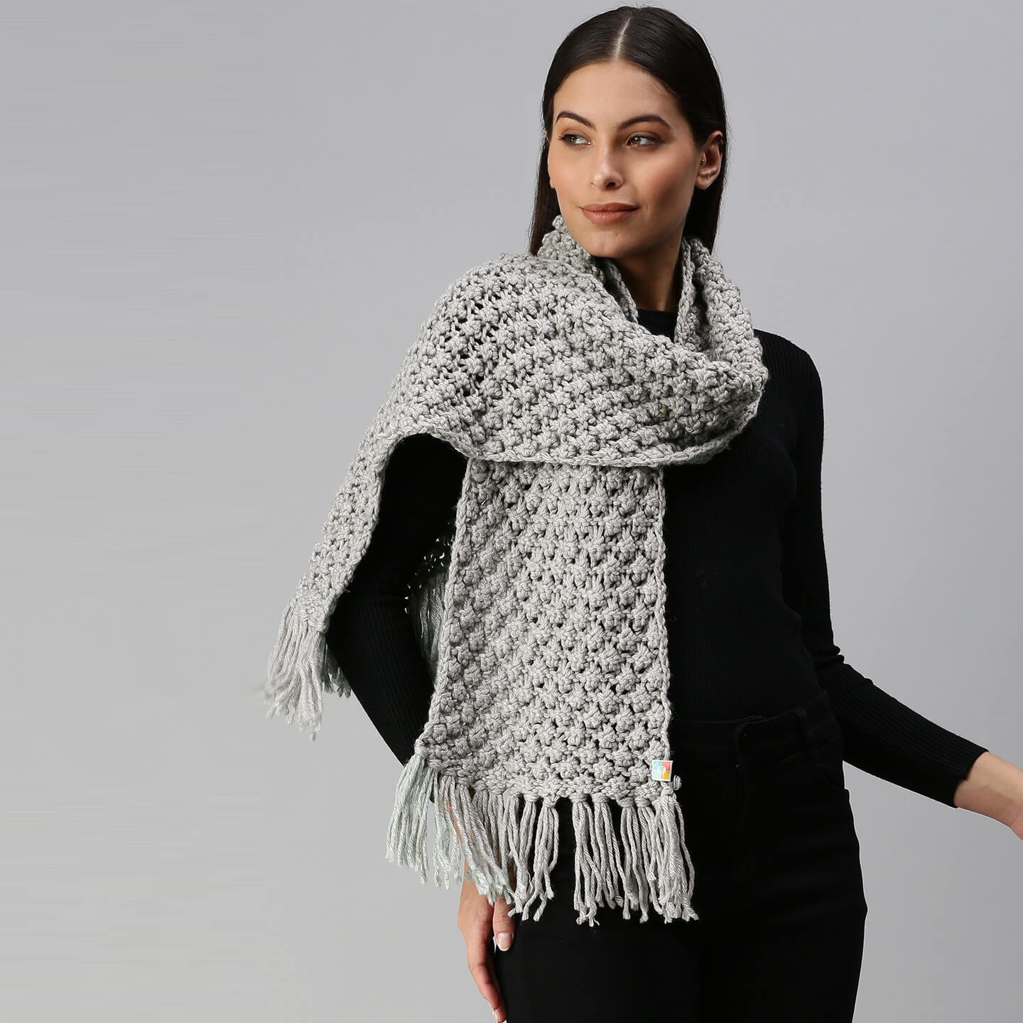 Bobble Stitch Scarf with Tassels - Light Grey 1473