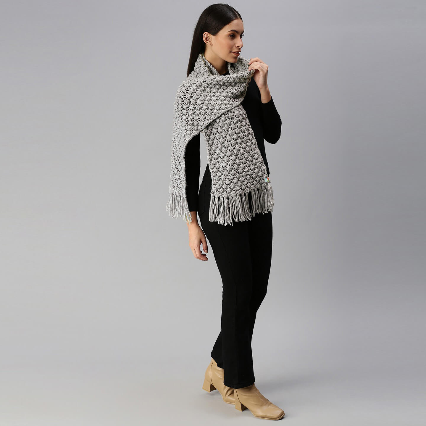 Bobble Stitch Scarf with Tassels - Light Grey 1473