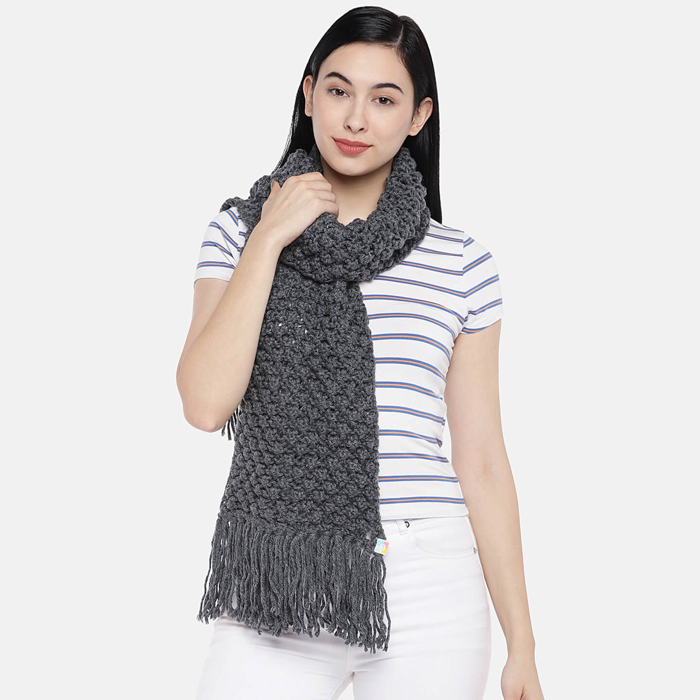 Bobble Stitch Scarf with Tassels - Dark Grey 1475