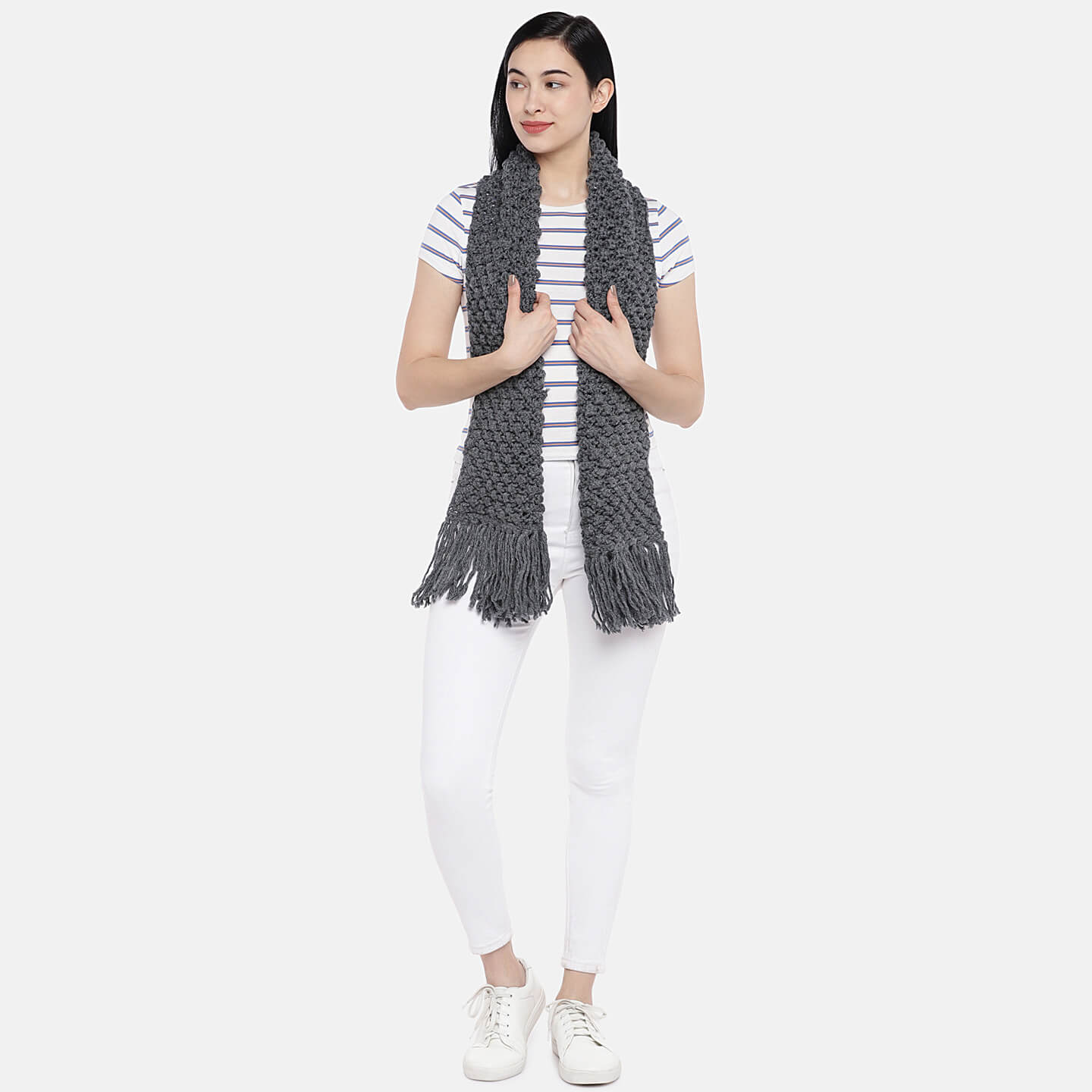 Bobble Stitch Scarf with Tassels - Dark Grey 1475