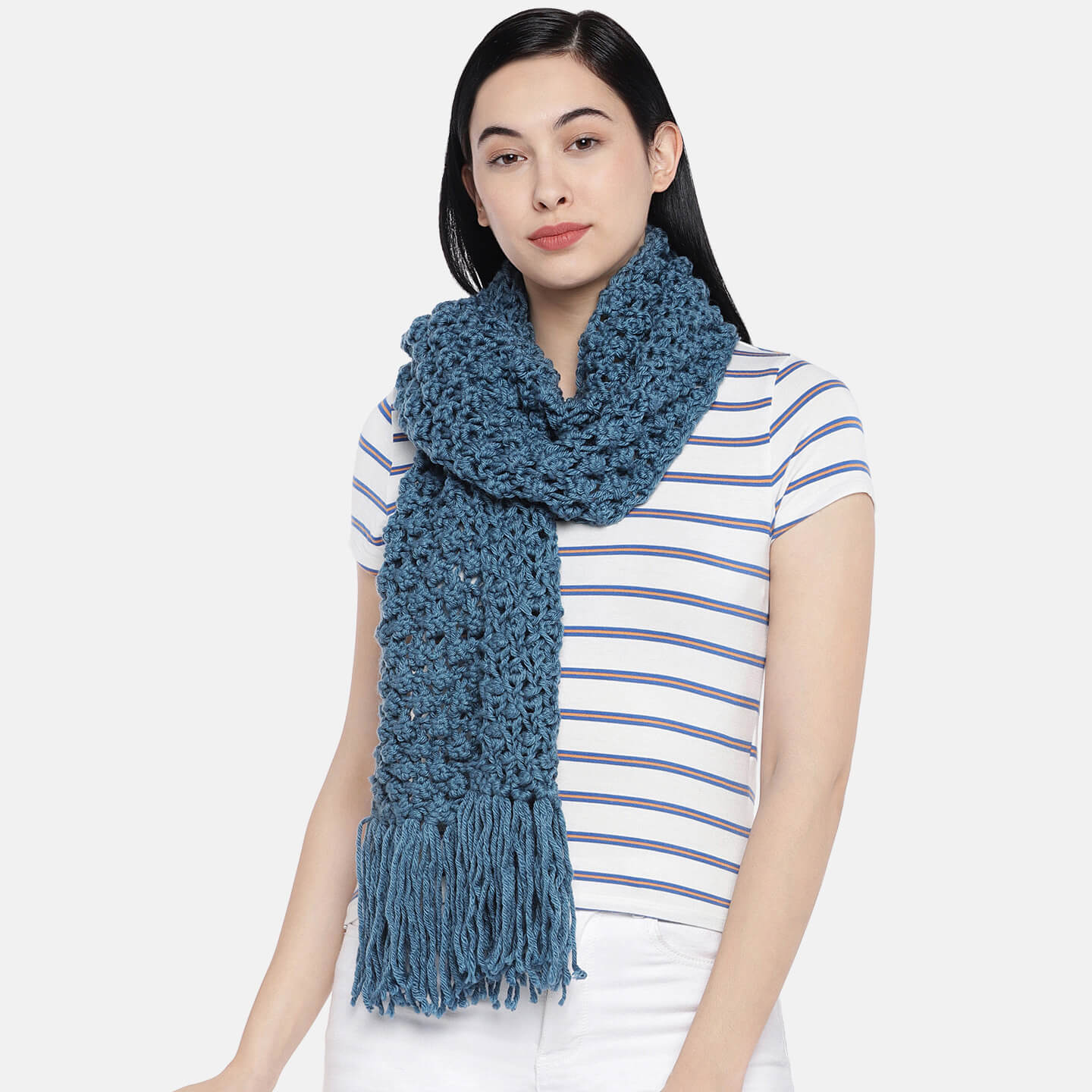 Bobble Stitch Scarf with Tassels - Storm Blue 1477