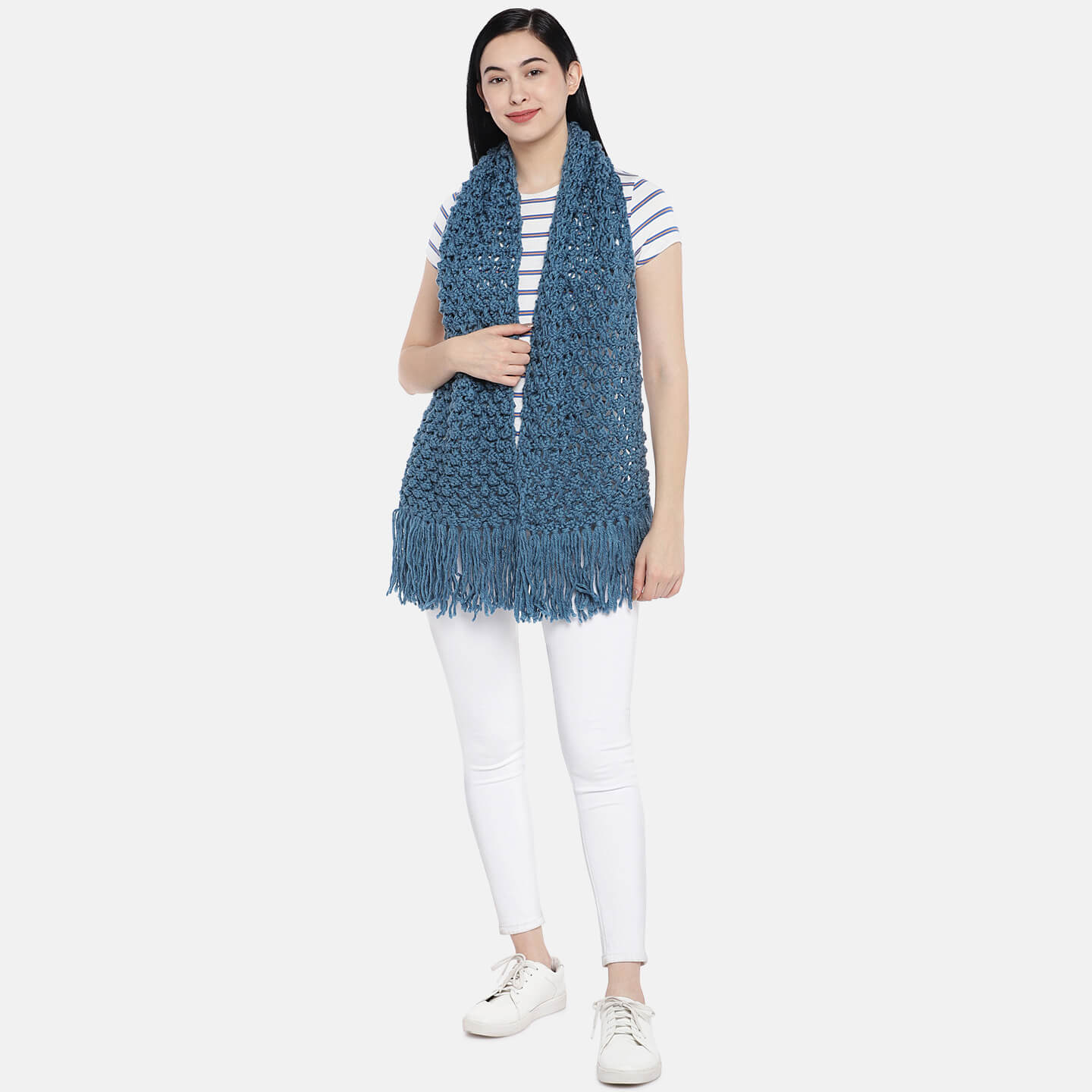 Bobble Stitch Scarf with Tassels - Storm Blue 1477