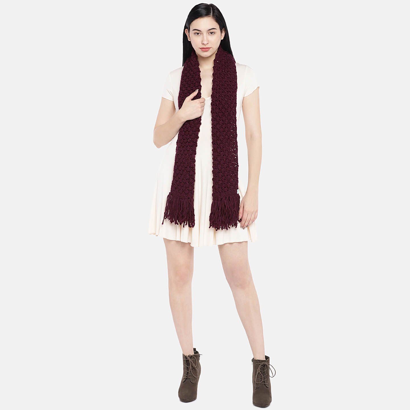 Bobble Scarf with Tassels - Wine 1687