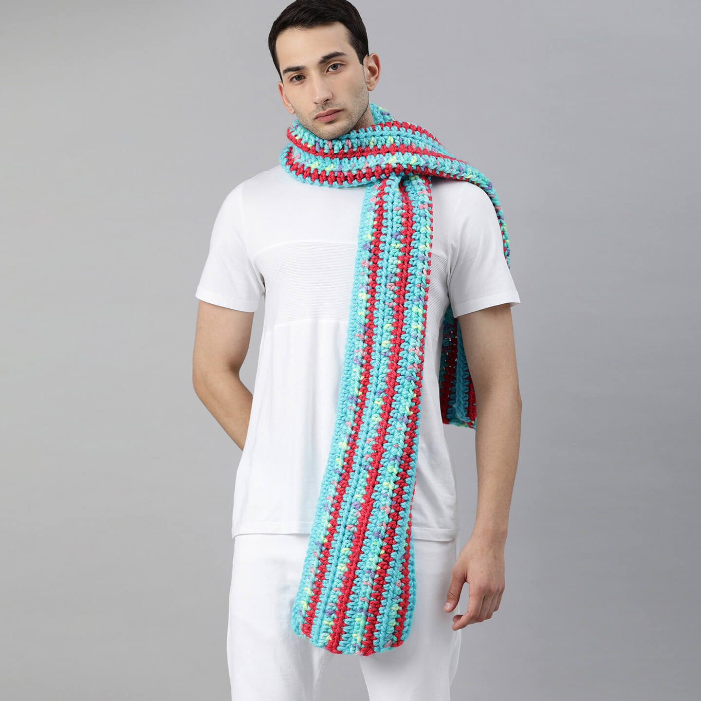 Thick and Warm Scarf - Blue, Coral Pink 2589