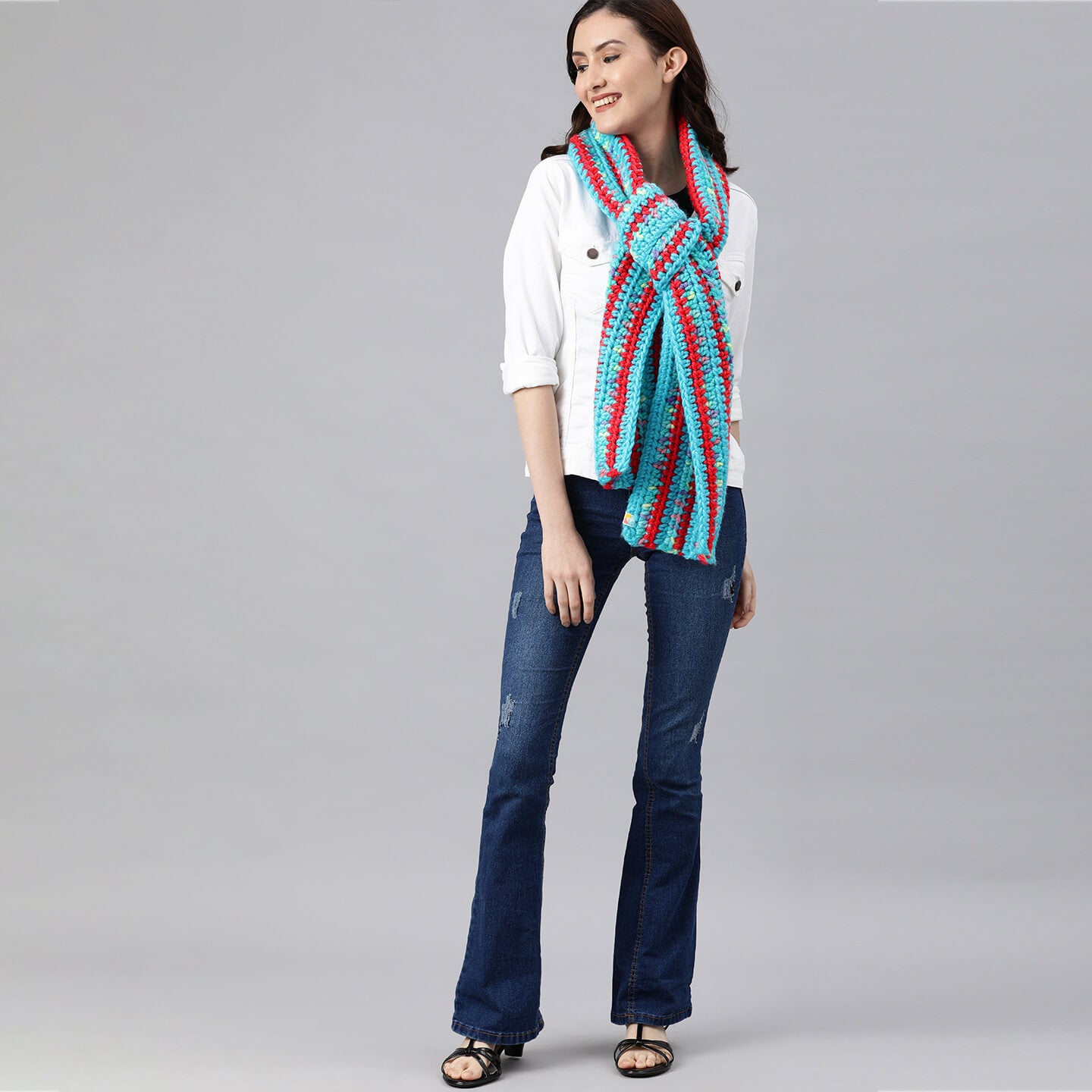 Thick and Warm Scarf - Blue, Coral Pink 2589