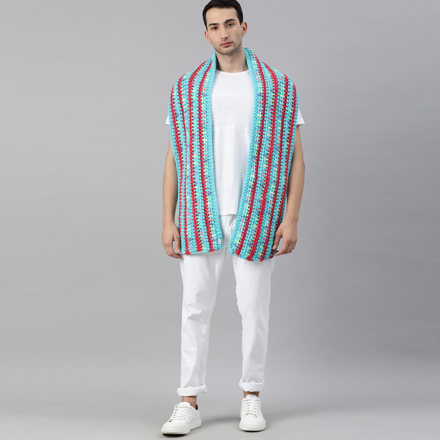 Thick and Warm Scarf - Blue, Coral Pink 2589