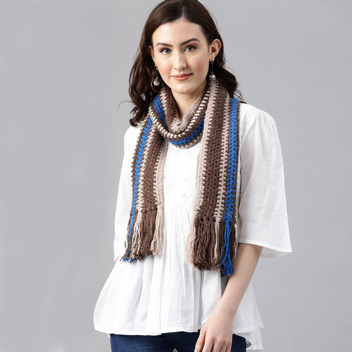 Striped Scarf - Beige, Brown, Blue 2591