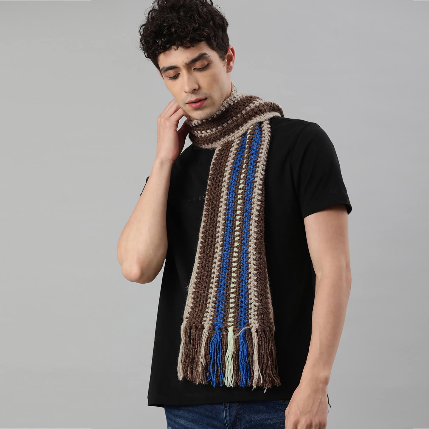 Striped Scarf - Beige, Brown, Blue 2591