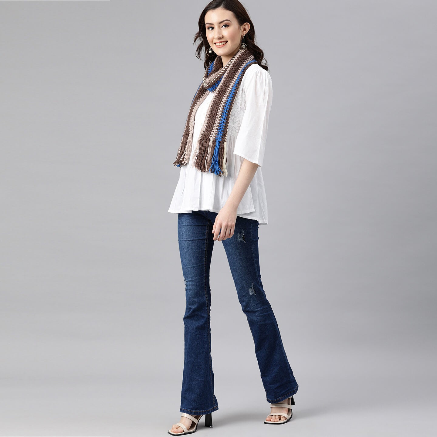 Striped Scarf - Beige, Brown, Blue 2591