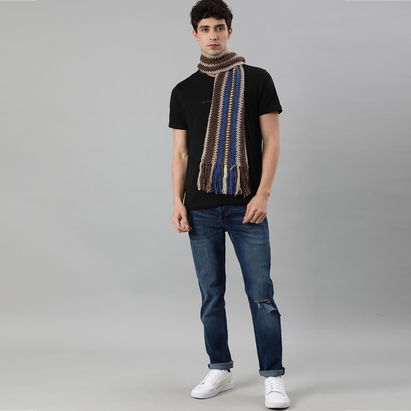 Striped Scarf - Beige, Brown, Blue 2591