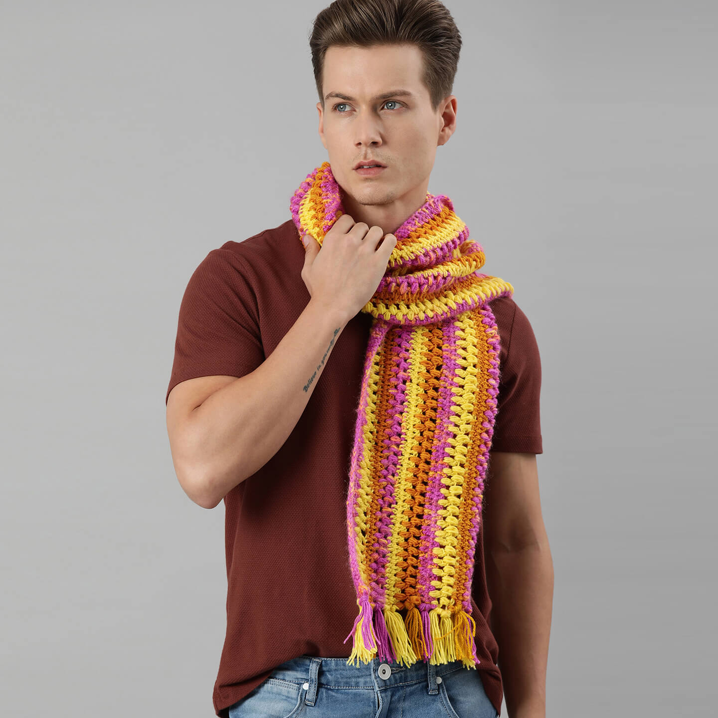Scarf with Tassels - Yellow, Purple 2623