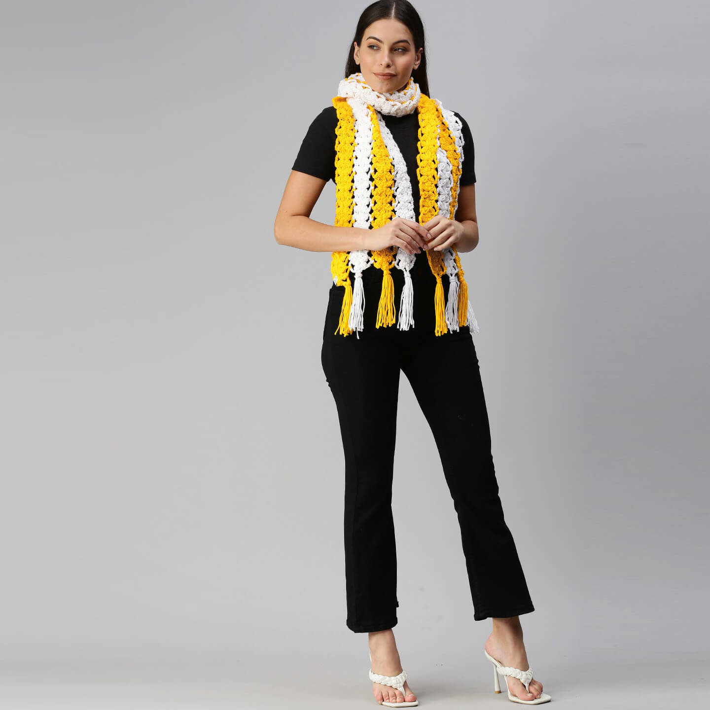 Flower Striped Crochet Scarf - Yellow, White 2845