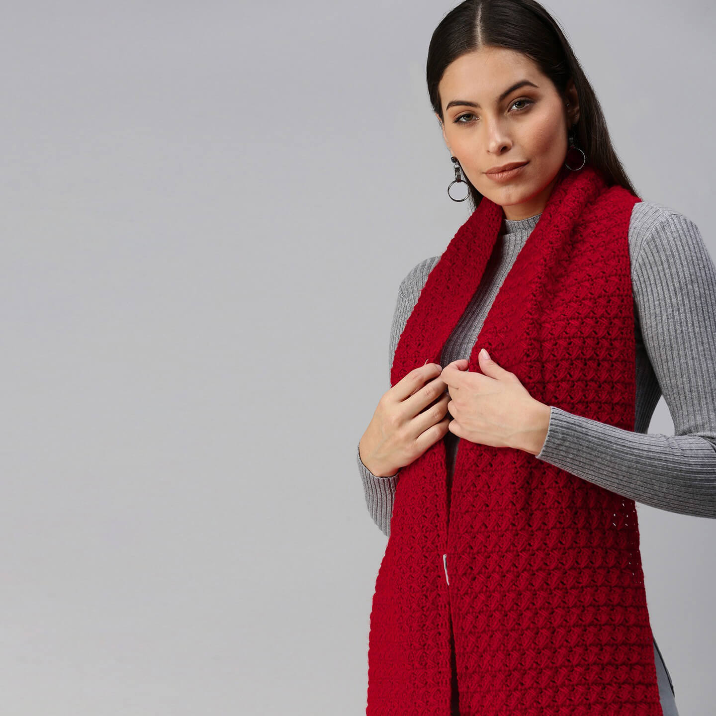 Self-Patterned Crochet Scarf - Red 2846