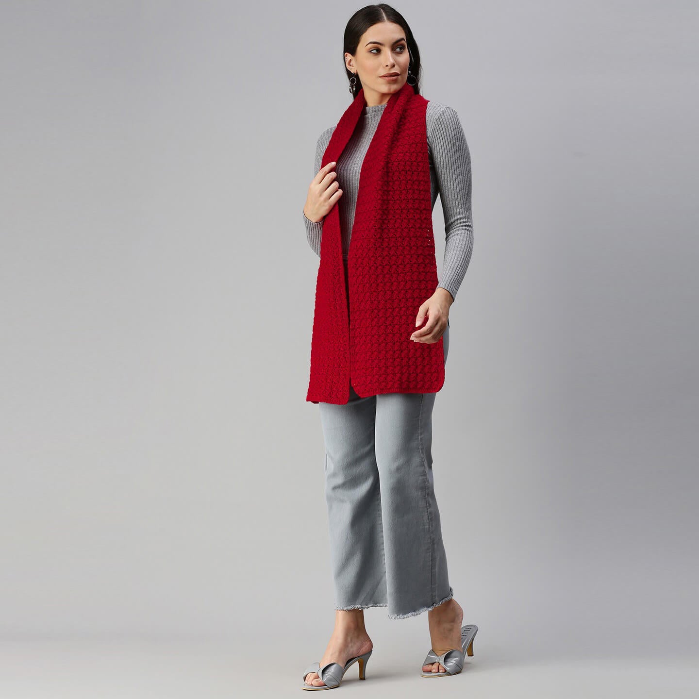 Self-Patterned Crochet Scarf - Red 2846