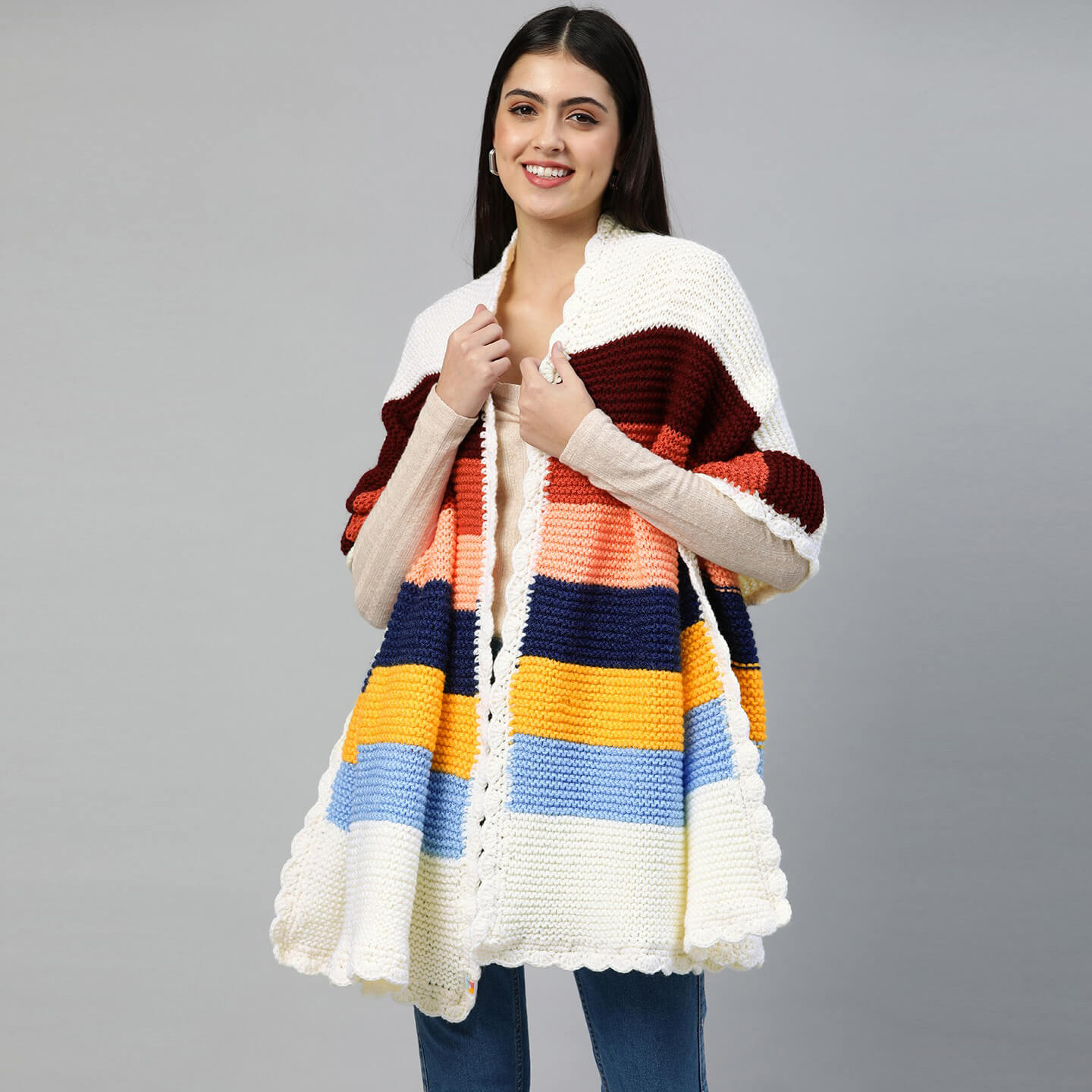 Self-Design Striped Knitted Shawl Scarf - Multi-Color 2850