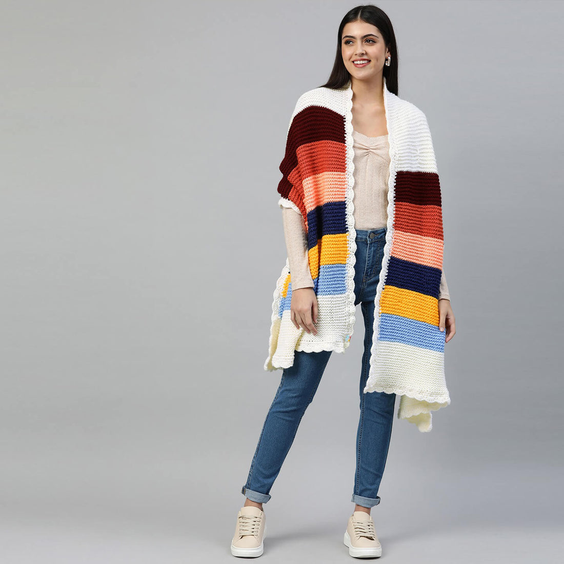 Self-Design Striped Knitted Shawl Scarf - Multi-Color 2850