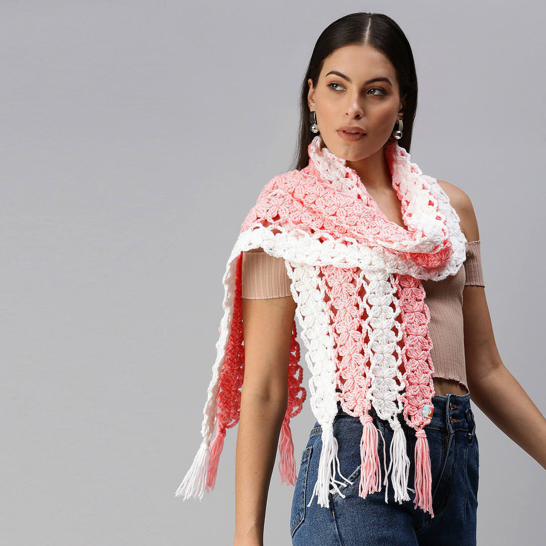 Flower Striped Crochet Scarf - Pink, White 2861