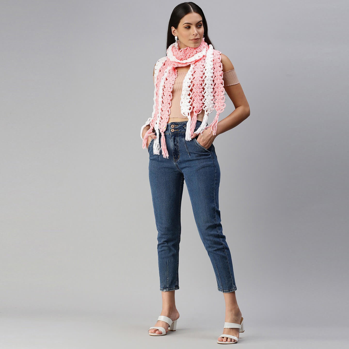 Flower Striped Crochet Scarf - Pink, White 2861