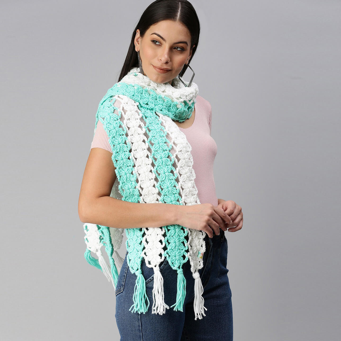 Flower Striped Crochet Scarf - Green, White 2862