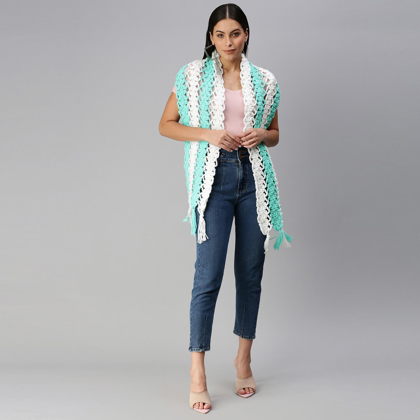 Flower Striped Crochet Scarf - Green, White 2862