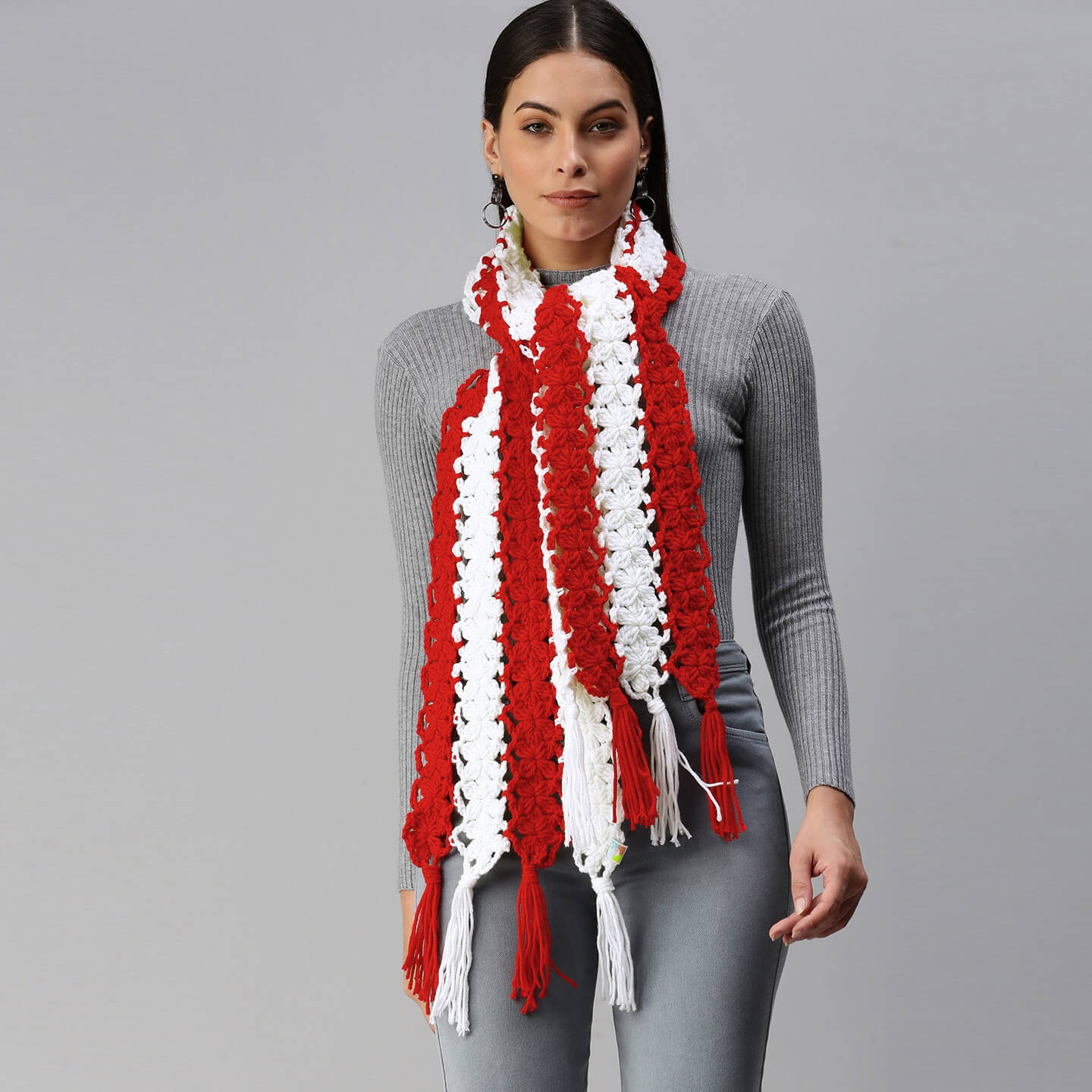 Flower Striped Crochet Scarf - Red, White 2863