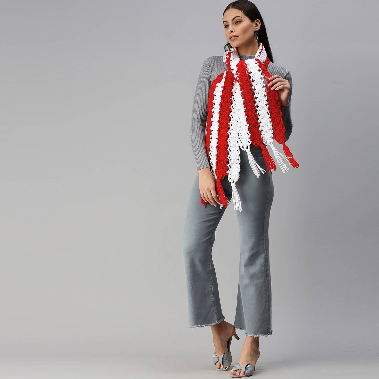 Flower Striped Crochet Scarf - Red, White 2863