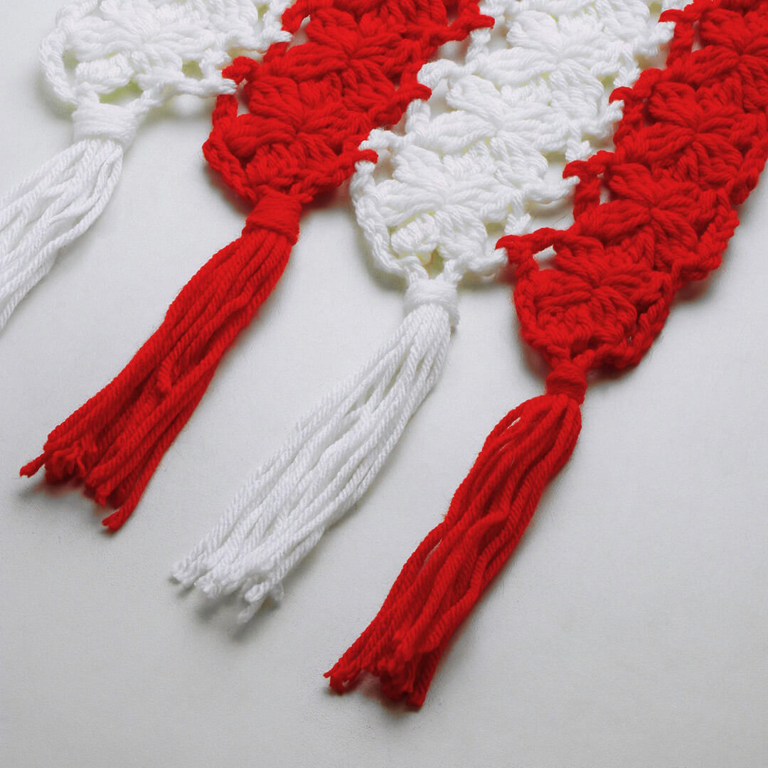 Flower Striped Crochet Scarf - Red, White 2863