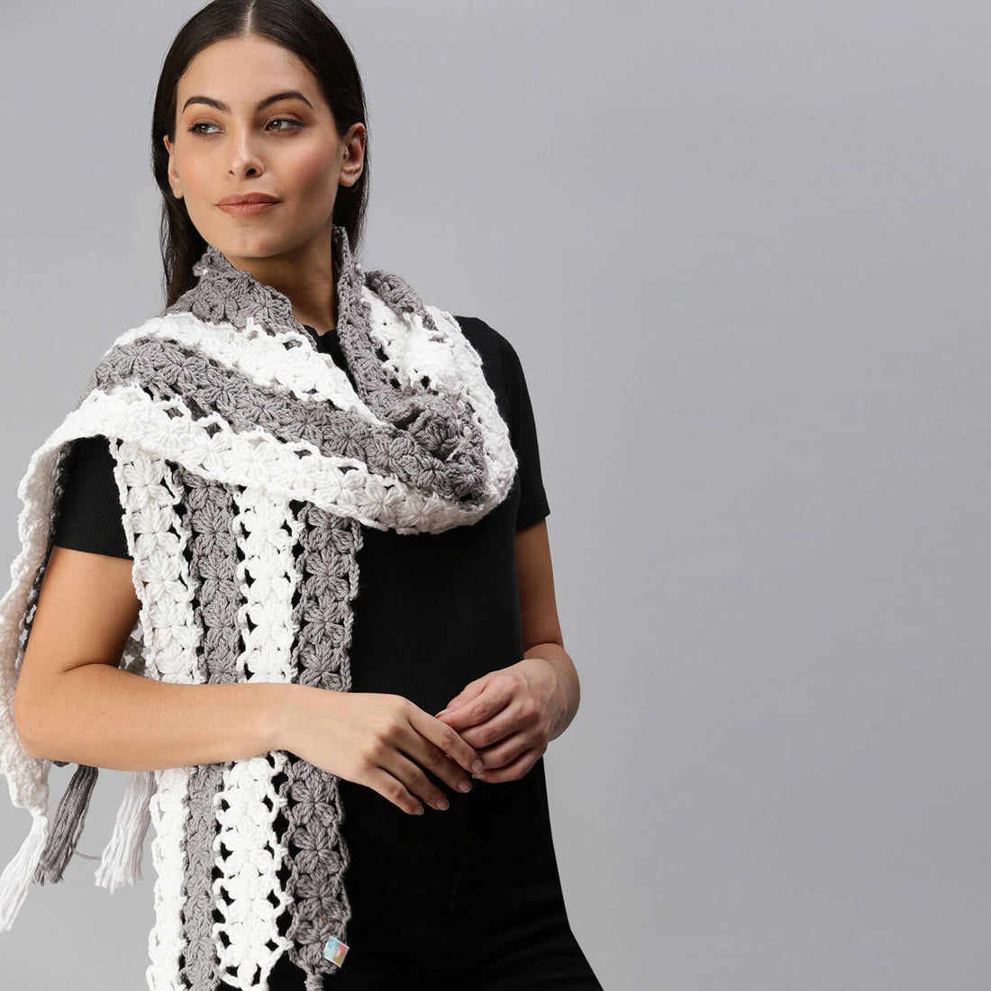 Flower Striped Crochet Scarf - Grey, White 2864