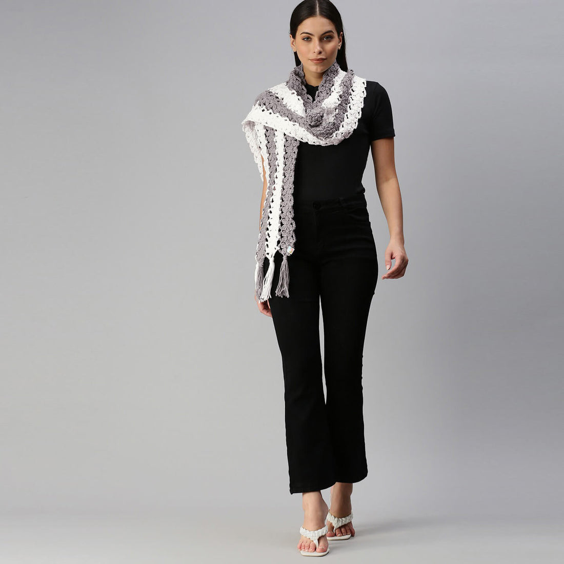 Flower Striped Crochet Scarf - Grey, White 2864