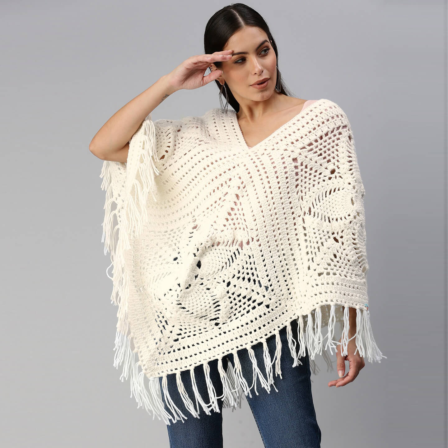 Poncho with Tassels - White 2869